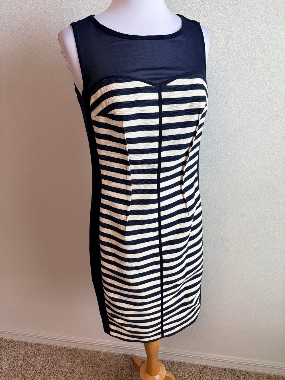 Iris Setlakwe Navy Cream Striped Mesh Sheath Dress Size 6 Made in Canada